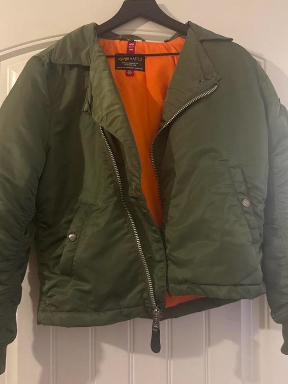 Alpha Industries Olive Green Bomber Jacket with Orange Lining